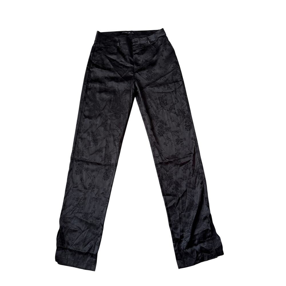 Lioness Black Satin Floral Low Rise Flare Pants Split Hem NEW